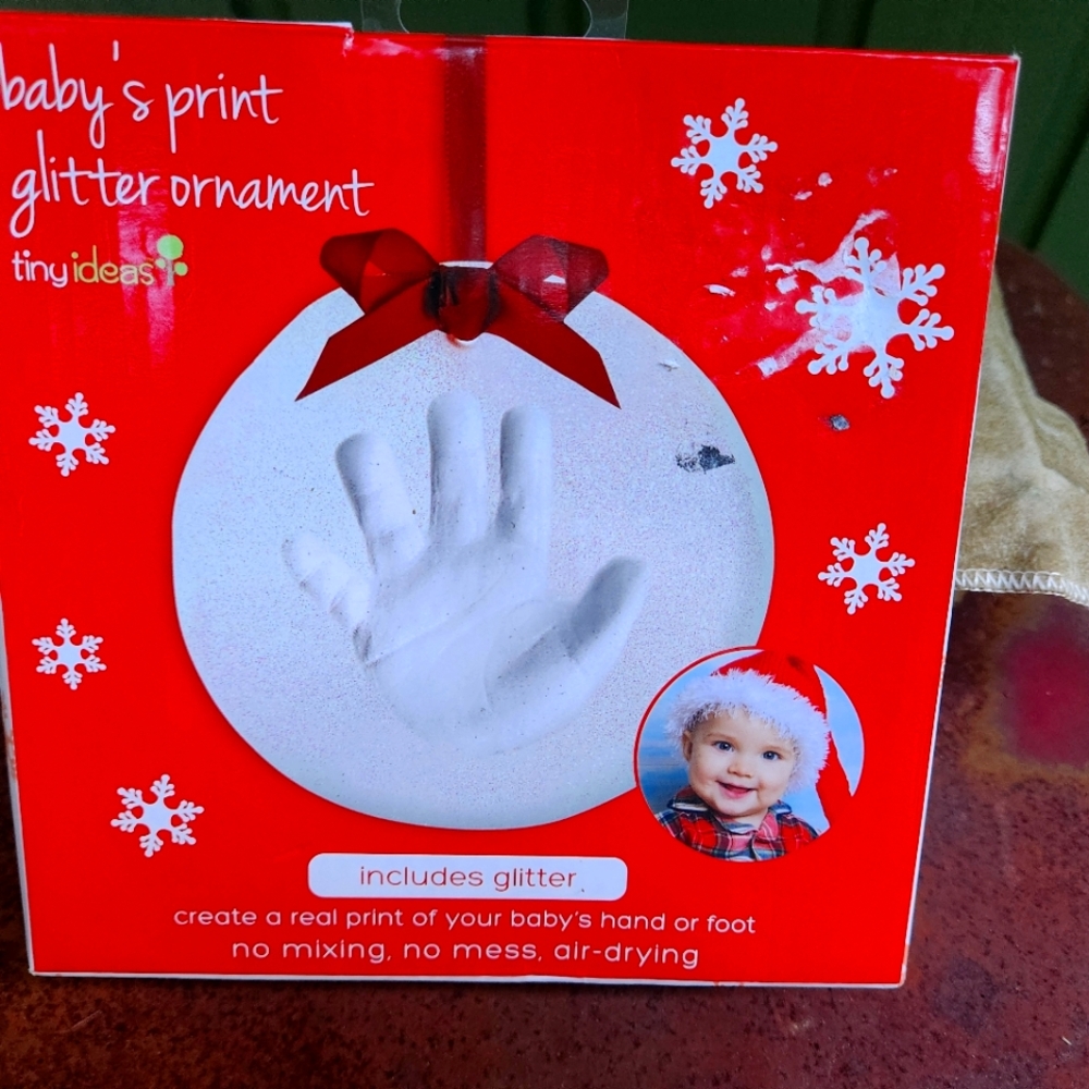 Baby's Print Glitter Ornament - Red and White